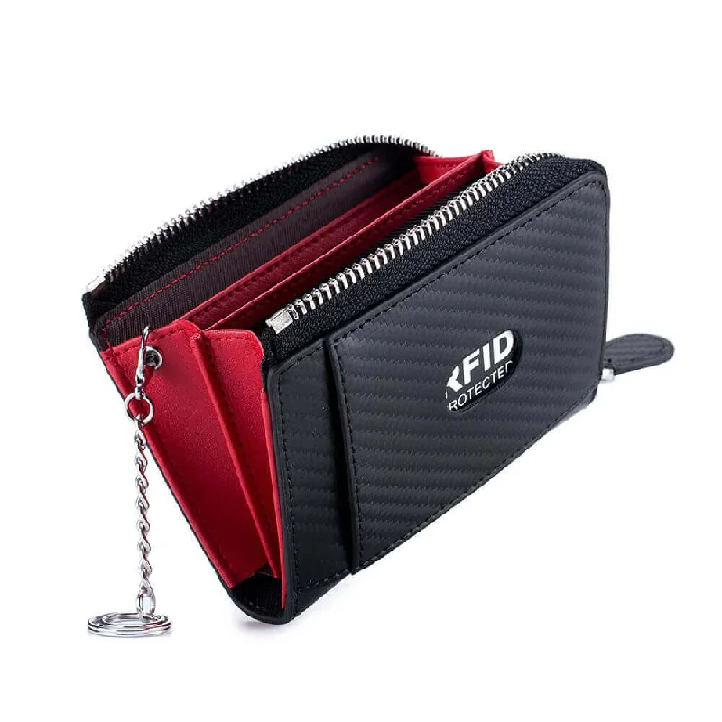 Men's Carbon Fiber Leather RFID Card and Coin Wallet with Keychain