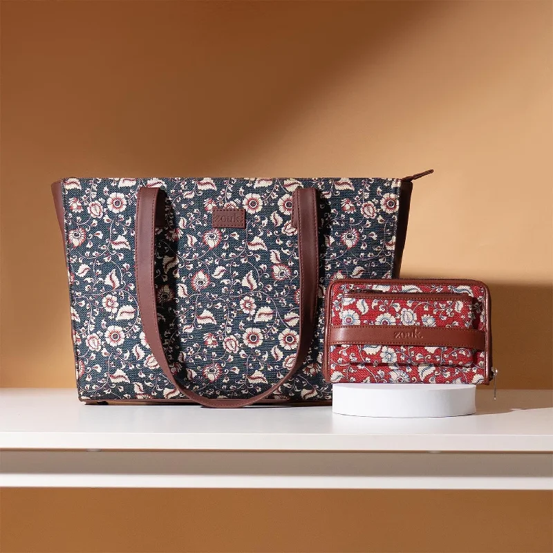 Chittoor Blue Kalamkari & Chittoor Red Kalamkari - Office Tote Bag & Classic Zipper Wallet Combo