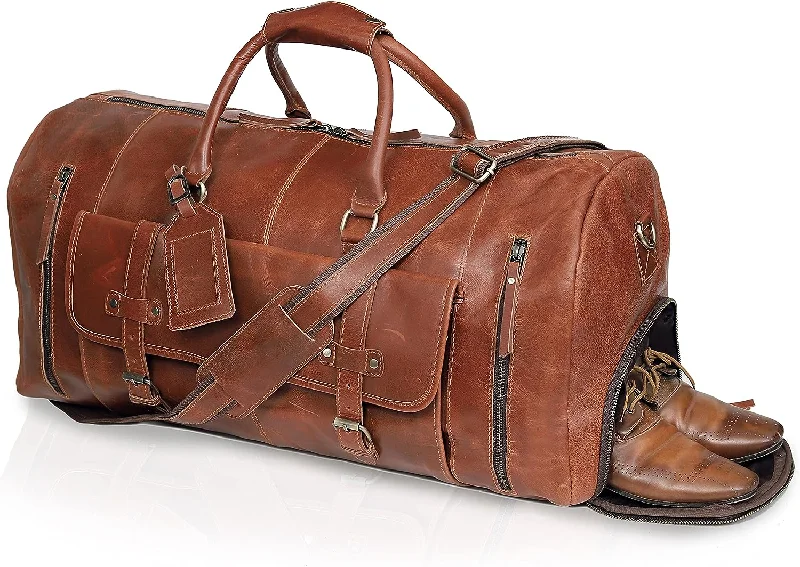 Classic Elegance in Every Journey: Large Leather Travel Duffel Bag Collection (Light Brown) – Leather Weekender BagAvailable in 20"", 24"", and 28"" Sizes - Vintage Brown Leather Duffel Bag -