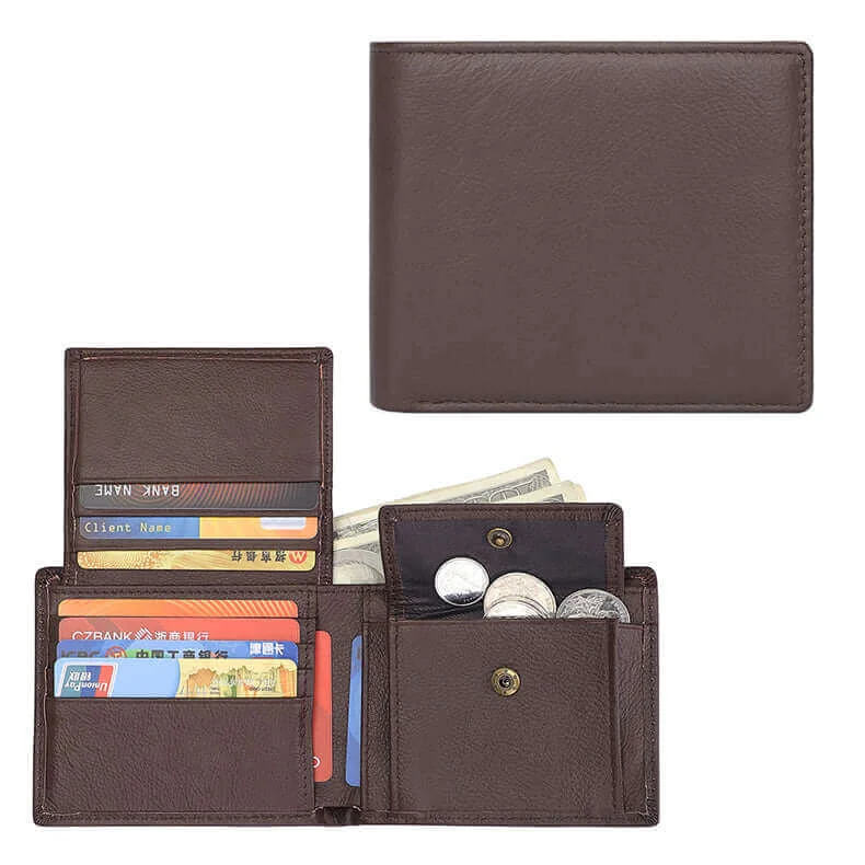 Coffee Brown Leather Wallet with Multiple Card Slots and Coin Pocket