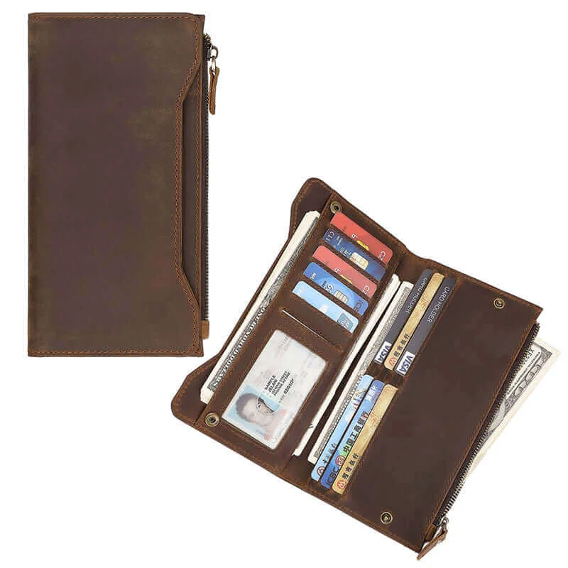 Vintage Crazy Horse Leather RFID Multi-card Long Wallet