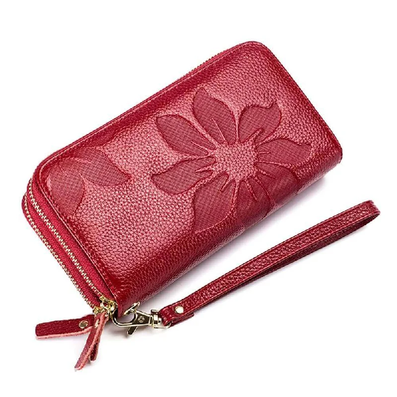 Embossed Leather Double Zip RFID Long Wallet with Wrist Strap