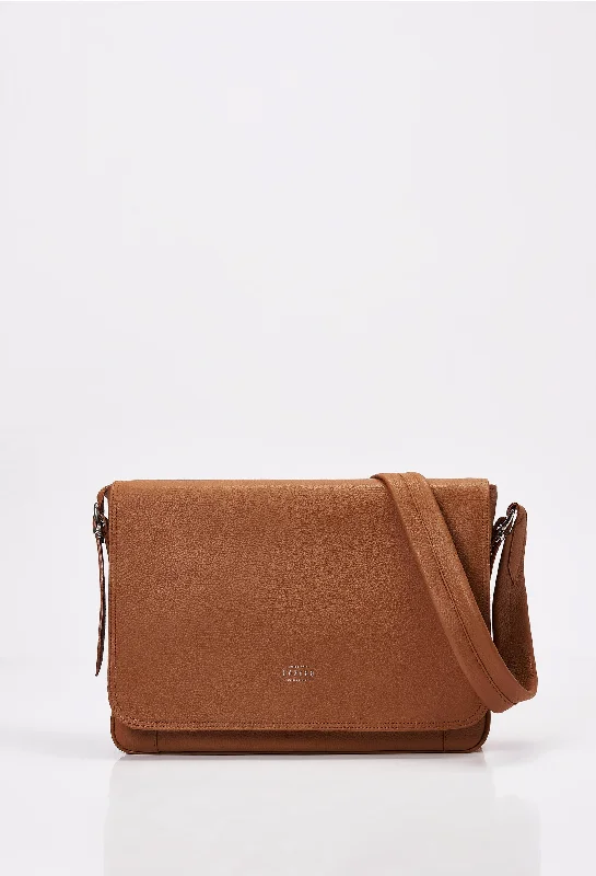 Tan Travel Leather Messenger With Magnet Closure