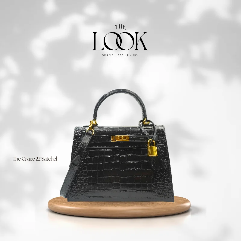 The Grace 22 Satchel Croc Embossed Leather in Noir GHW by The Look